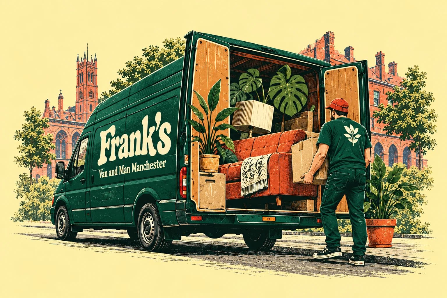 Illustration of Frank’s green moving van packed with furniture, boxes and houseplants in Manchester